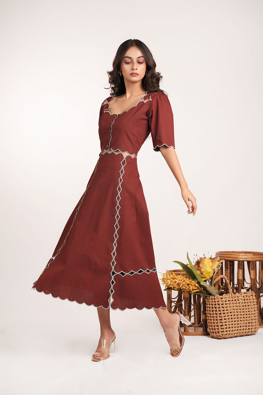 Brown Scallop Midi Dress