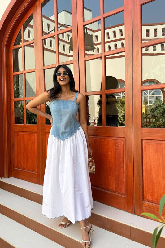 Denim Scallop Midi Dress