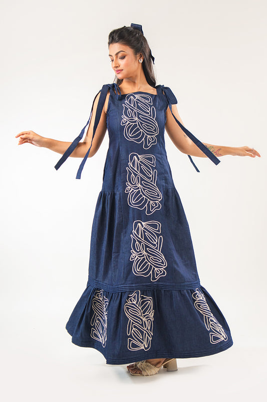 Cord Embroidered Denim Maxi