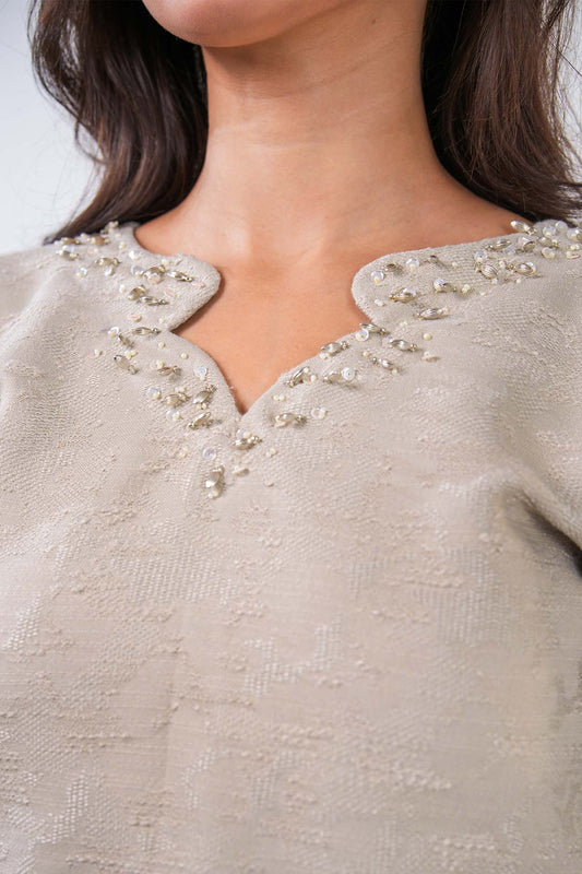 Beaded Beige Jacquard Set